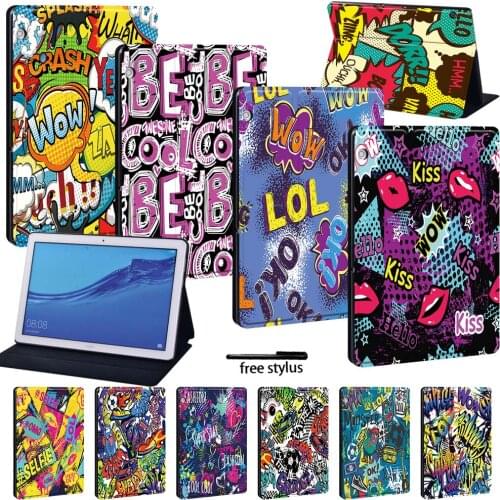 Leather Folio Stand Tablet Case for Huawei MediaPad T3 8.0/T3 10 9.6 Inch/T5 10 10.1 Inch with Graffiti Series + Free Stlyus