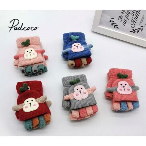 Unisex Kids Gloves Winter Cute Cartoon Knitted Cotton Half-Finger Boys Girls Warm Gloves Christmas Soft Student Mitten Monkey
