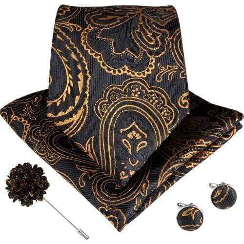 DiBanGu 8.5cm Jacquard Woven 100% Silk Men Tie Formal Wedding Party Gold Paisley Floral Necktie Hanky Cufflinks Brooch 4pcs Set