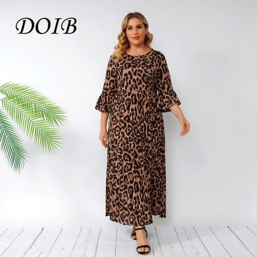 DOIB Women Leopard Print Dress Plus Size Round Neck Flare Sleeve Long Dress 2021 Summer Casual Dress