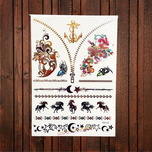 Exquisite Body Art Gold Flash Tattoo Anchor Horse Star Chain Design Flower Arm Shoulder Decals Temporary Tattoo Stickers AYH-113