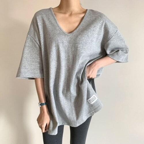 Korea Chic Summer Simple Wild V-Neck Pullover Loose Solid Color Side Slit Short-Sleeved Bottoming T-Shirt Top Women