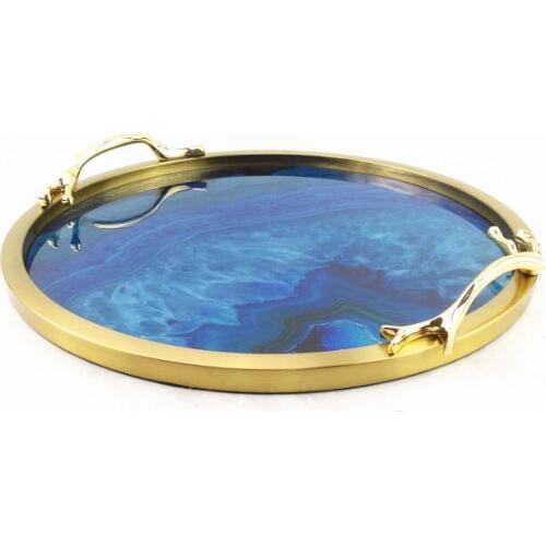 Metal crafts Nordic simple copper blue agate storage round tea tray model room home restaurant decoration Trays
