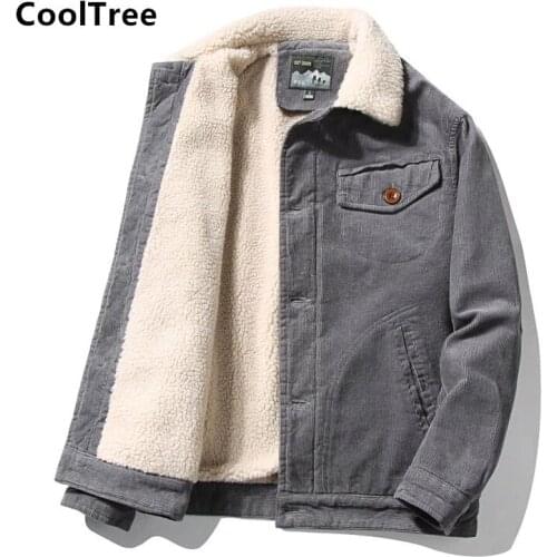 CoolTree Men Corduroy Jackets Autumn Winter Fur Collar Thick Fleece Coats Male Slim Fit Solid color Single-breasted Outerwear