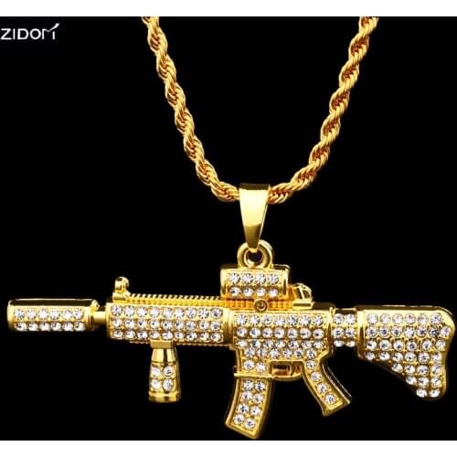 Gold silver color hip hop bling bling Rhinestone M4 carbine shape pendant necklace 76cm long chain gun necklaces for Men jewelry