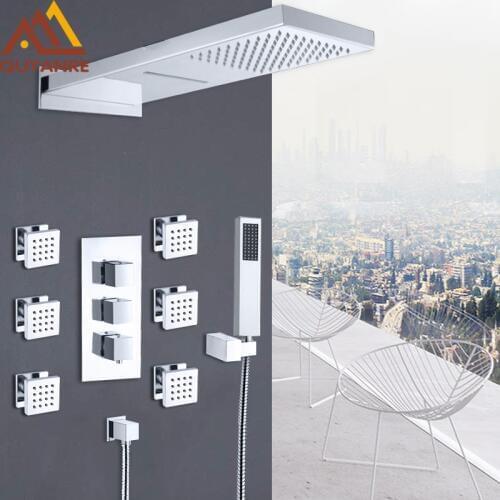 Quyanre Chrome Thermostatic Shower Faucets Set Rain Waterfall Shower 6pcs Spa Jets 4-way Thermostatic Mixer Tap Bath Shower Kit