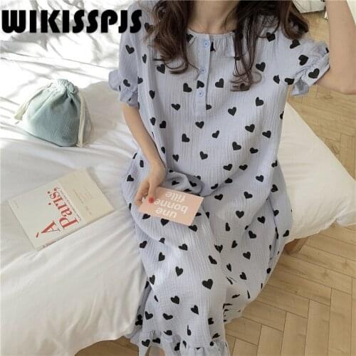 2021 Summer New Product Skin Friendly Pure Cotton Sweet Love Lotus Leaf Baby Collar Short Sleeve Home Long Skirt Women Nightgown