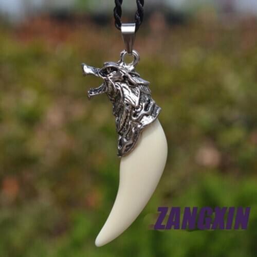Tibetan Alloy Wolf Head Resin Fang Pendant Amulet Necklace