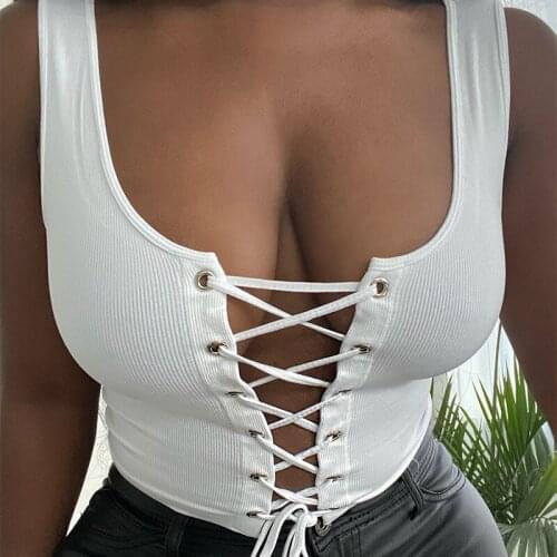 Sexy Sleeveless Hollow Lace-Up Vest Tops Women Fashion Solid Color Low-Cut Slim Crop Top Summer Clothes For Ladies Tank Clothing
