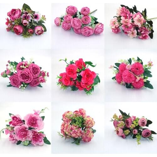 Rose red autumn fake tea rose peony silk flower autumn gerbera daisy artificial plastic flower wedding home accessories decorati