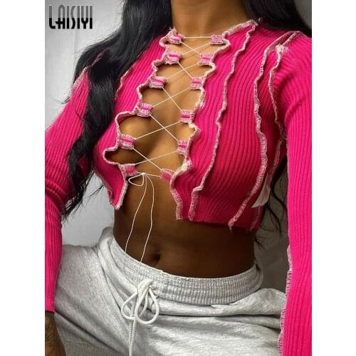 LAISIYI Patchwork Sexy Hollow Out Women Tie Front Top Long Sleeve Hot Bodycon Club Birthday Ribbed Cropped T Shirts Spring 2021