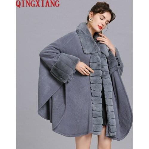 2019 Big Fur Turndown Collar Coat Winter Cloak Knitted Thick Women Striped Faux Rabbit Fur Sleeves Cape Big Pendulum Cardigan