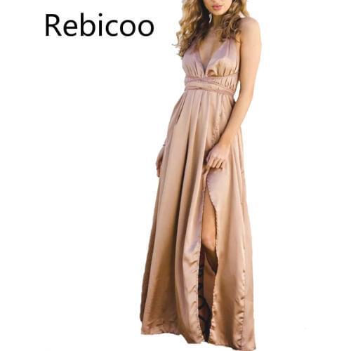 New satin backless sexy dress women elegant deep v neck Split maxi dresses fashion long Christmas party dresses vestidos