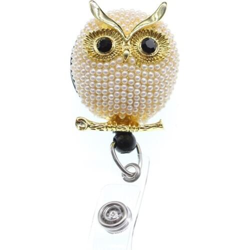 10 pcs/lot Free Shipping Cute Pearl Owl Animal Retractable ID Badge Holder Reel