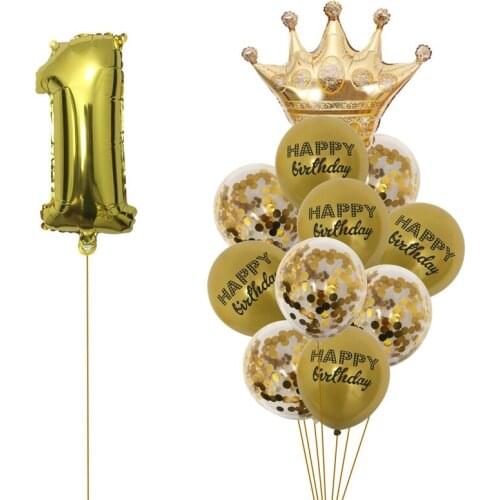 12Pcs Gold Number 0-9 Crown Foil Balloons Kids 1st 2nd 3 Birthday Party Latex Confetti Balloon Baby Shower Anniversary Supplies