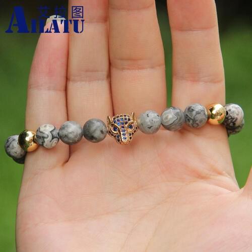 Ailatu 8mm Natural Grey Picture Stone Beads with Micro Paved Blue Zircons Leopard Head Braided Mens Bracelets Animal Shape