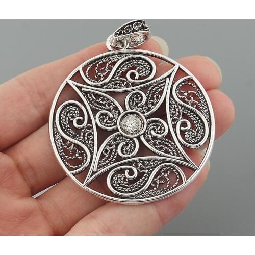 2PCS Antique Large Filigree Round Charm Pendant 8mm Round Trays Blank Base Cameo Cabochon Setting Jewelry Findings