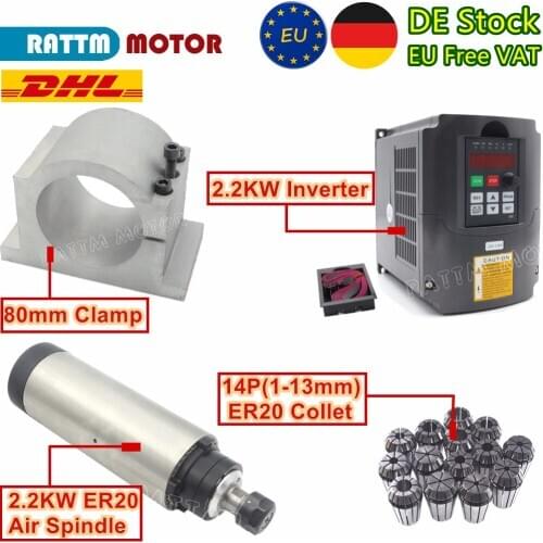 『EU Delivery』CNC Router 2.2KW ER20 Air Cooled Spindle Kit 220V & 2.2kw Inverter VFD & 80mm Aluminium Bracket & 14Pcs ER20 Collet