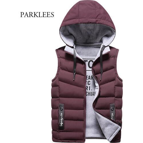 Reversible Vest Mens Winter Hooded Sleeveless Men Waistcoat Solid Slim Warm Thick Hommes Veste Pocket Patch Designs Jacket 3XL