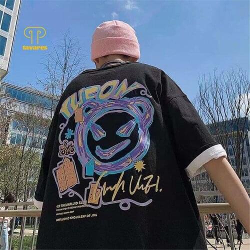 TAVARES Men Short Sleeve Neutral Graffiti Summer Round neck Casual Cotton T-shirt Breathable Loose Clothes