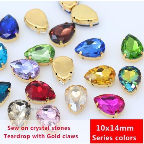 20p 10x14mm teardrop color pointback glass stone sew on crystal rhinestones Droplet jewels gold bottom button for wedding dress