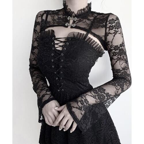 JIEZuoFang Sexy Lace Set Coat For Women Vintage Flower Embroidery Long Sleeve Sweatshirts Gothic Streetwear Party Elegant Tops