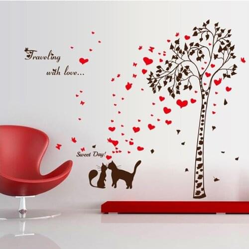 Creative couple cats love tree large wall stickers art decals home decor bedroom diy removable mural