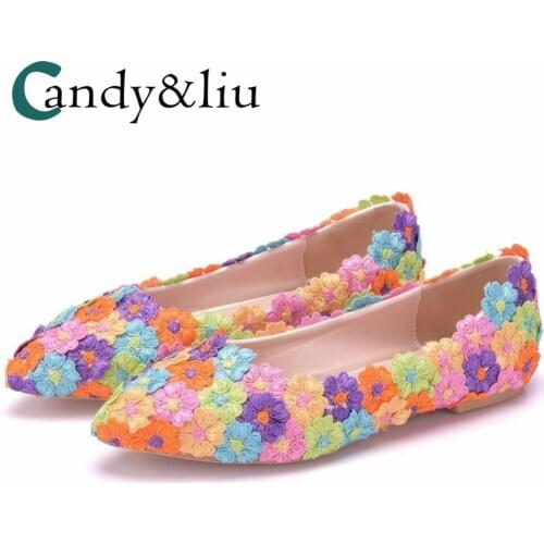 Lace bride shoes handmade wedding shoes color flat-soled wedding shoes bridesmaids shoes performance flat heel single shoes