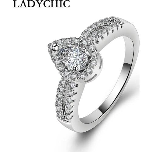 LADYCHIC Romantic Water Drop Zircon Ring 3 Prong Setting with Micro CZ Stone Around Trendy Party Rings for Female LR1044