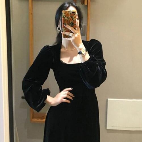 LMQ NEW Korea Chic Hepburn Style Square Collar Leaking Collarbone High Waist Thin A-Shaped Puff Sleeve Velvet Little Black Dress