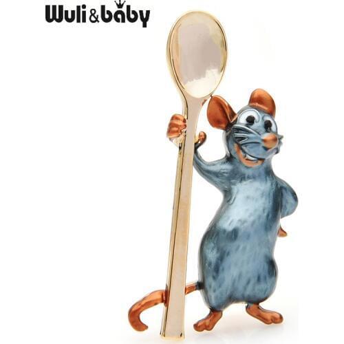 Wuli&baby Holding Spoon Smiling Mouse Brooches Women Alloy Enamel Rat Animal Casual Party Brooch Pins New Year Gifts
