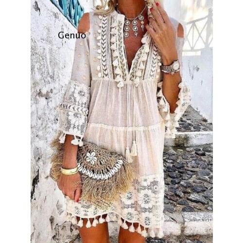 Ethnic Print Off Shoulder Mini Dress Women Summer Tassel Lace Long Sleeve Boho Lady Beach Short Dress Female Loose