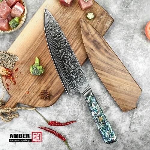 Amber 8 inch Chef Knife 67 Layers VG10 Damascus Steel Kitchen Knives Abalone Shell Resin Handle Japanese Knife with Wood Sheath