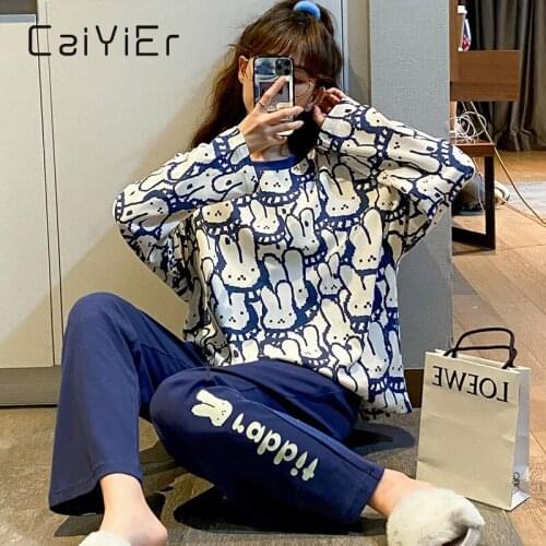 CAIYIER 2021 Autumn Winter Cotton Pajamas Set For Women Cartoon Bear O-Neck Long Sleeve Lounge Sleepwear Comfort Home Suit M-2XL