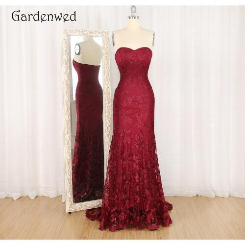 Gardenwed Burgundy Lace Evening Dress Elegant Sweetheart Backless Floor Length Lady Formal Dresses robe longue
