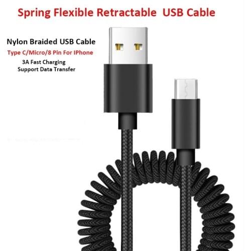 Spring Flexible USB Cable Nylon Braided Retractable Micro/TYPE C/8PIN USB Data Transfer Cable For IPHONE Samsung Xiaomi Phones