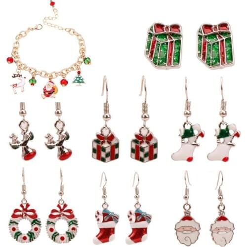 Merry Christmas Jewelry Cartoon Santa Claus Bracelet Lovely Snowman Angel Tree Deer Bell Wreath Earrings Delicate New Year Gifts
