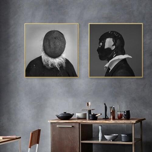 Modern Abstract Man With Black Cover Canvas Painting Print Poster Black White For Living Room Home Gallery Wall Pictures Decor