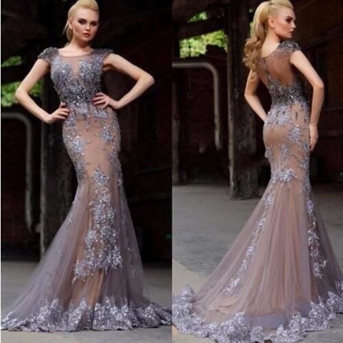 SuperKimJo Gray Lace Applique Evening Dresses 2020 Mermaid Beaded Elegant Long Evening Gown 2020 Abendkleider 2019