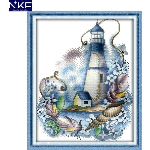 NKF Blue Lighthouse Stamped Cross Stitch DIY Kits Needlework Embroidery Set Chinese Cross Stitch for Home Decor