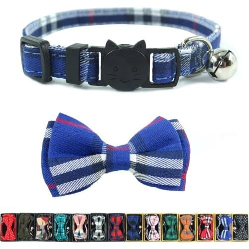 XPangle Plaid Cat Collar Breakaway Bowtie Bell Quick Release Safety Collars for Cats Kittens Puppies Accessories 17-28cm (Blue)