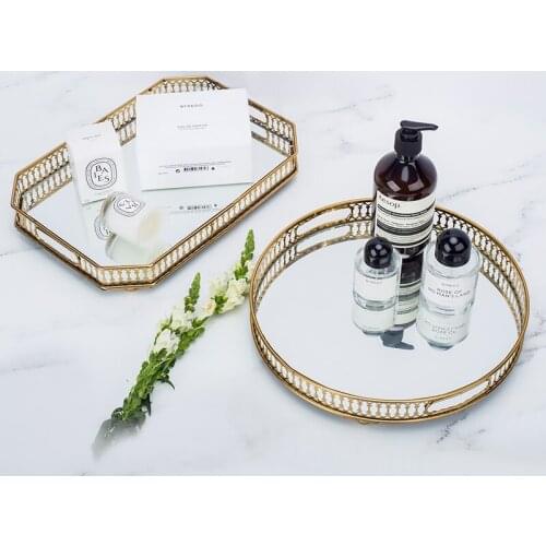 Mirror metal tray rectangular round fruit plate tea tray cake dessert plate cosmetics jewelry storage tray