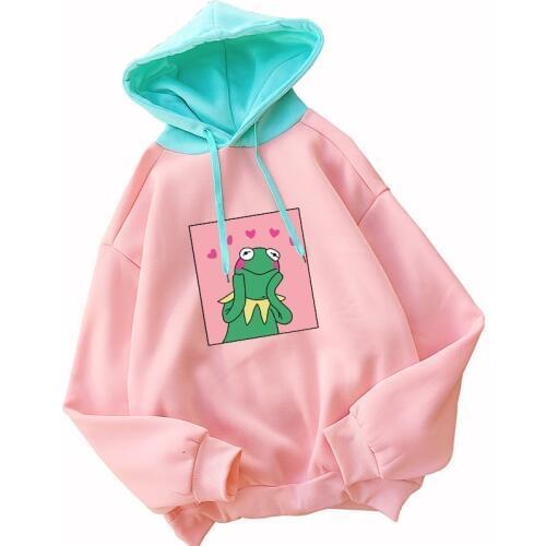 Autumn Winter New Women Kawaii Frog Cartoon Print Hoodies Casual Streetwear Loose Funny Contrast Color Spliced Fleece Sweatshirt