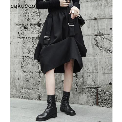 Cakucool New Japanese Style Women Skirt Panel Black Novelty Design Ripped Iron buckle Midi Long Skirts
