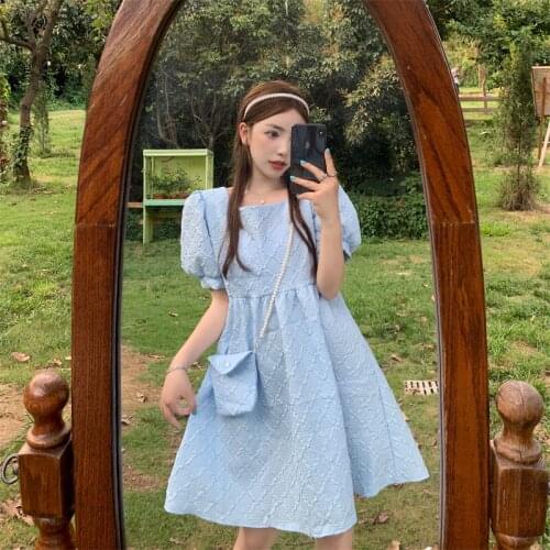 Woman Dress Square Neck Puff Sleeve Short Sleeve Dress Womens Summer New Korean Style High Waist Thin A-line Short Skirt