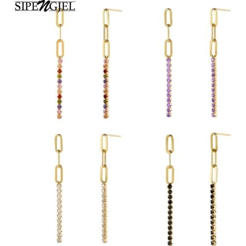 SIPENGJEL Fashion Simple Bling Zircon Long Tassel Stud Earrings Inlaid Zircon Dainty Piercing Earrings For Women Jewelry 2021