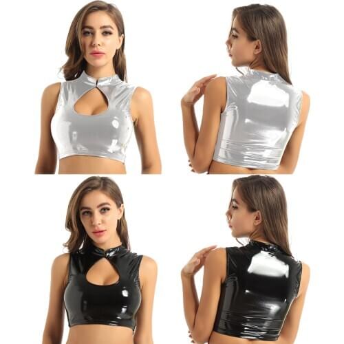 Women Female Sexy Wetlook Slim Tank Crop Top Patent Leather Black Sleeveless Mock Neck Sleeveless Crop Top for Party Clubwear