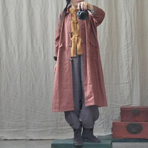 Women Autumn Vintage Trench Coat Overcoat Outwear Retro Handmade Button Turn Down Collar Solid Color Patchwork Coat Female Coats