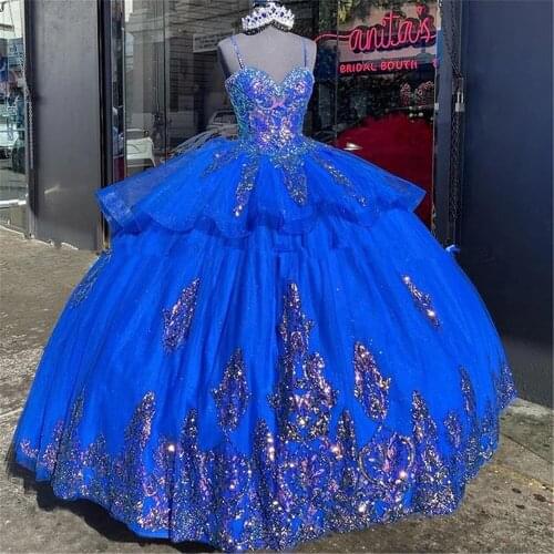 Royal Blue Vestidos de XV años Quinceanera Dresses with Sequins Applique Corset Top Beaded Ball Gown Sweet 16 Dress Plus Size