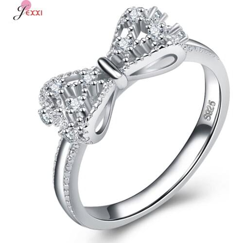 Sparkling AAA Zirconia Crystal Bowknot Design 925 Sterling Silver Wedding Rings For Women Bijoux Fashion Engagement Ring